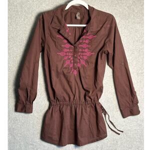 Prana Small Organic Cotton Cinch Waist Embroidered Tunic Top Roll Tab Sleeve